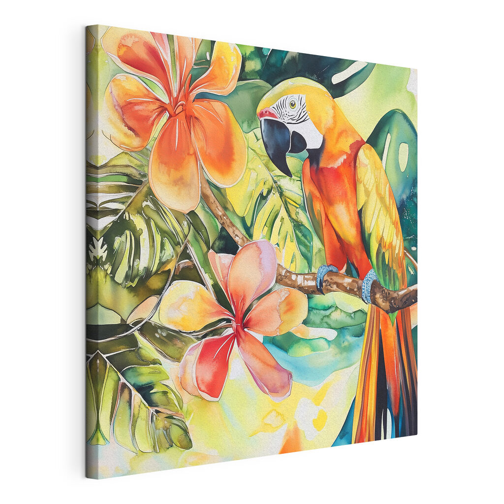 Painting of a parrot on a branch with flowers Painting of a parrot on a branch with flowers