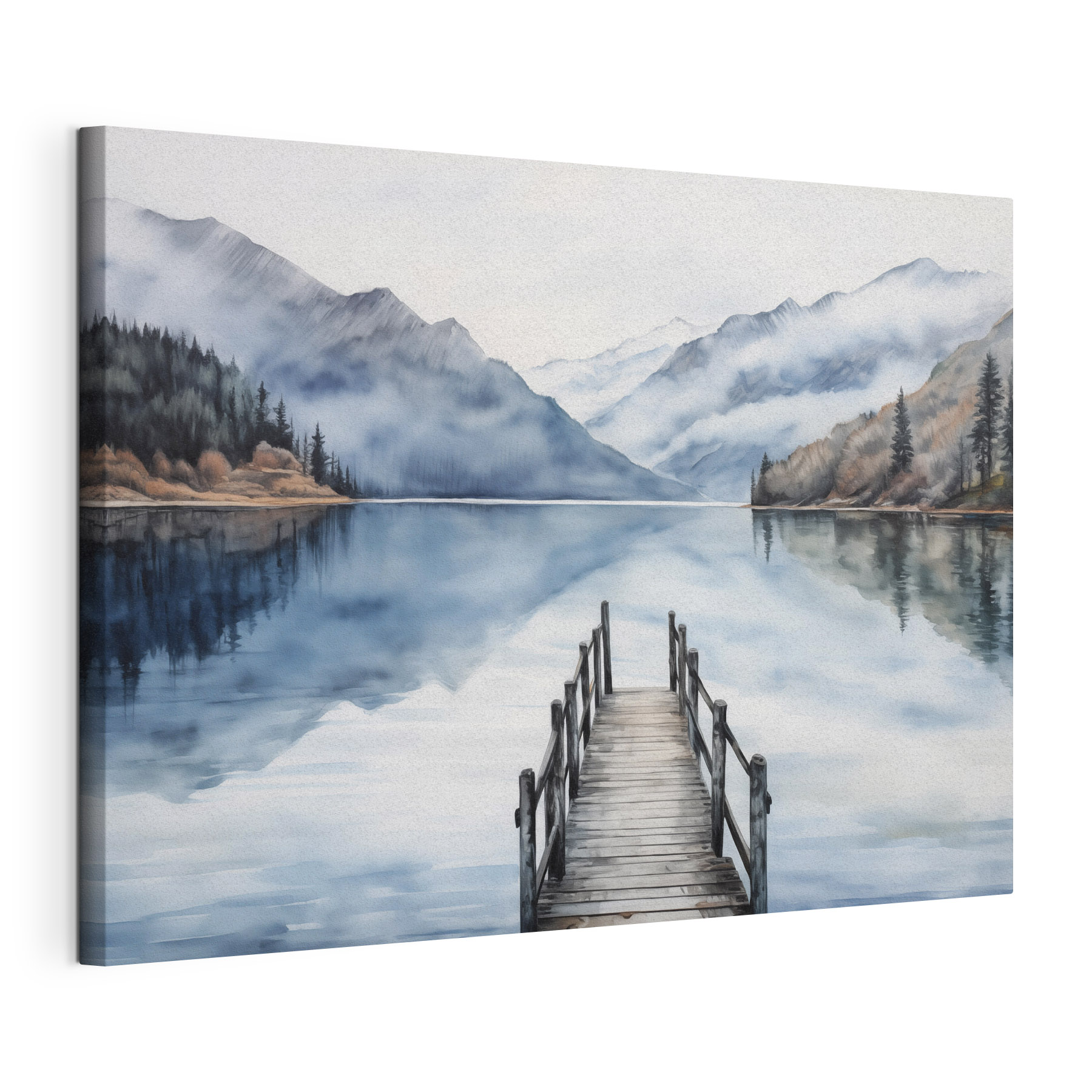 Watercolor of a dock on a lake with mountains in the background