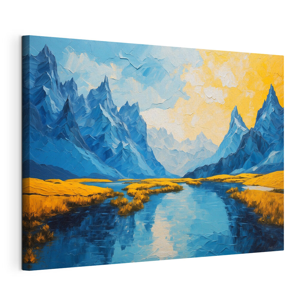 Painting of a river with mountains and grass