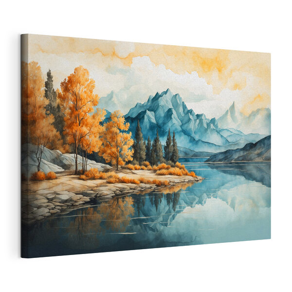 Quadri Quadri Acquerello raffigurante un lago con alberi e montagne (COD: s43450)