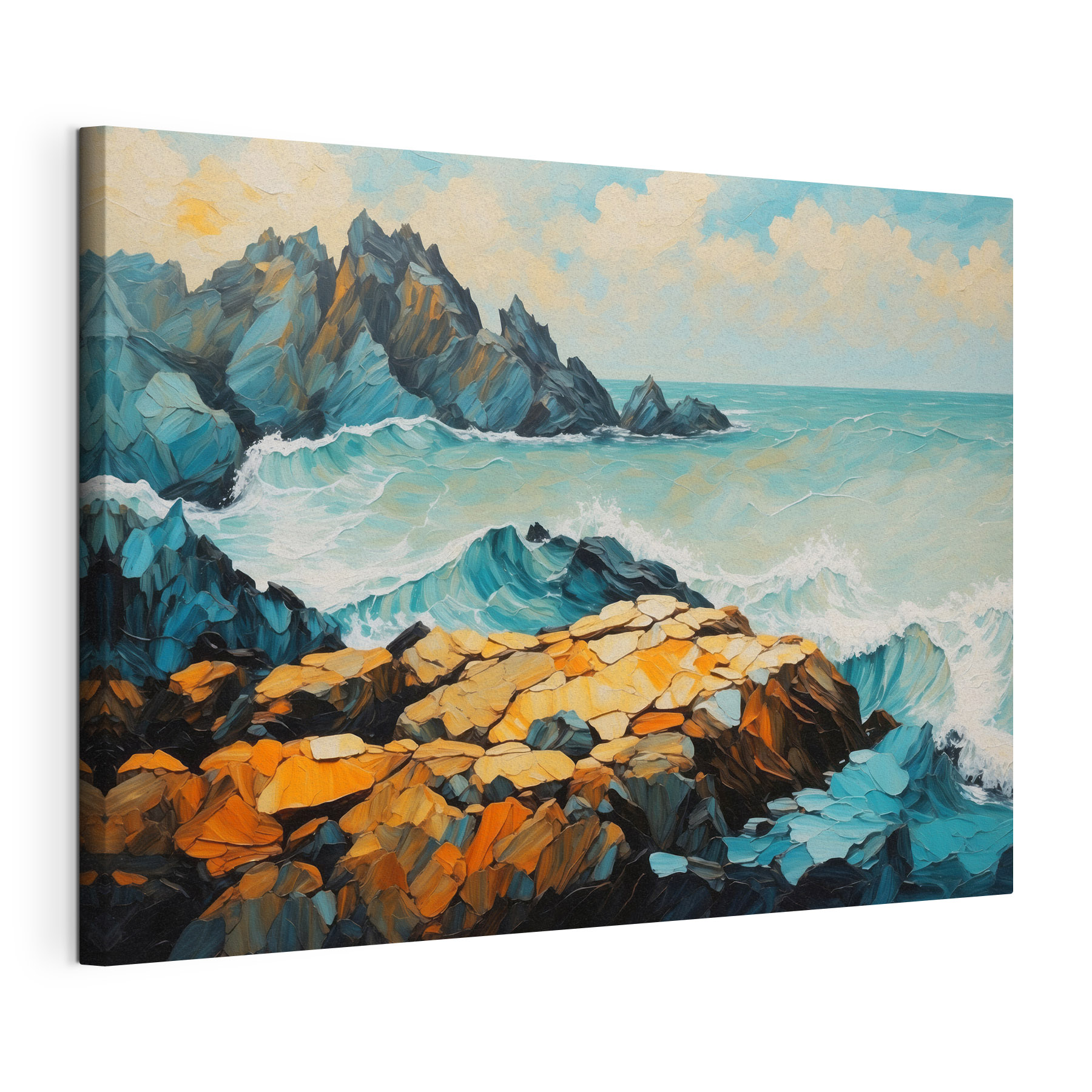 Painting of waves crashing on rocks