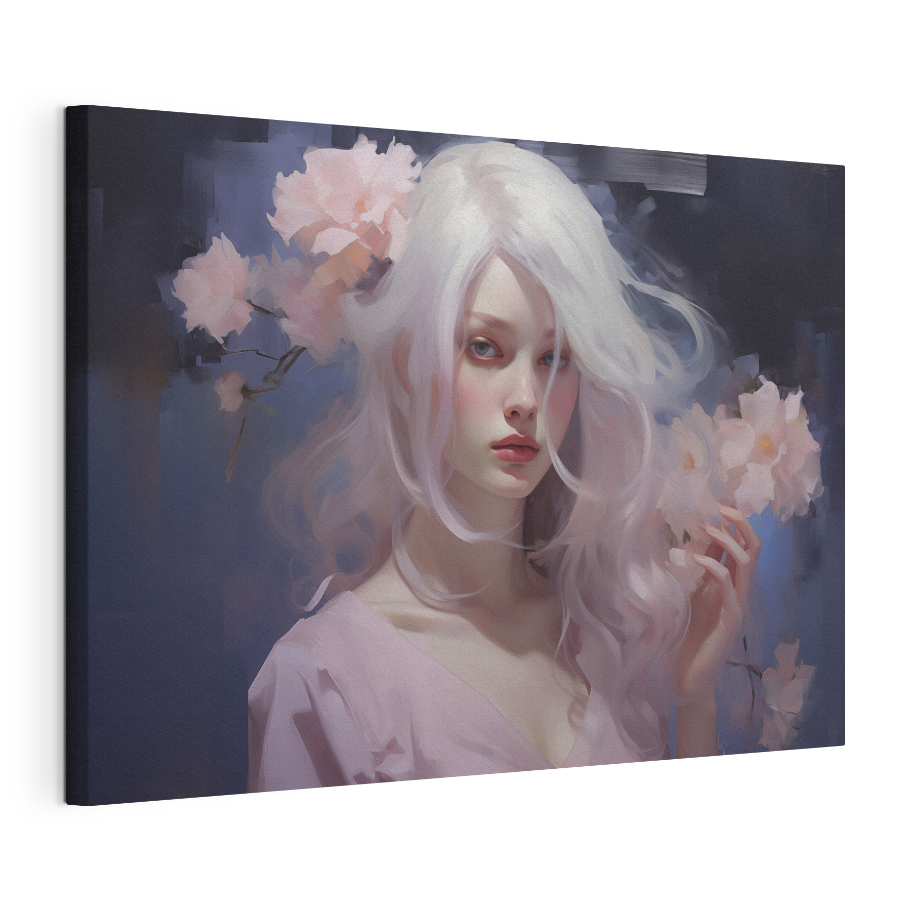 Woman with long white hair and pink flowers Woman with long white hair and pink flowers