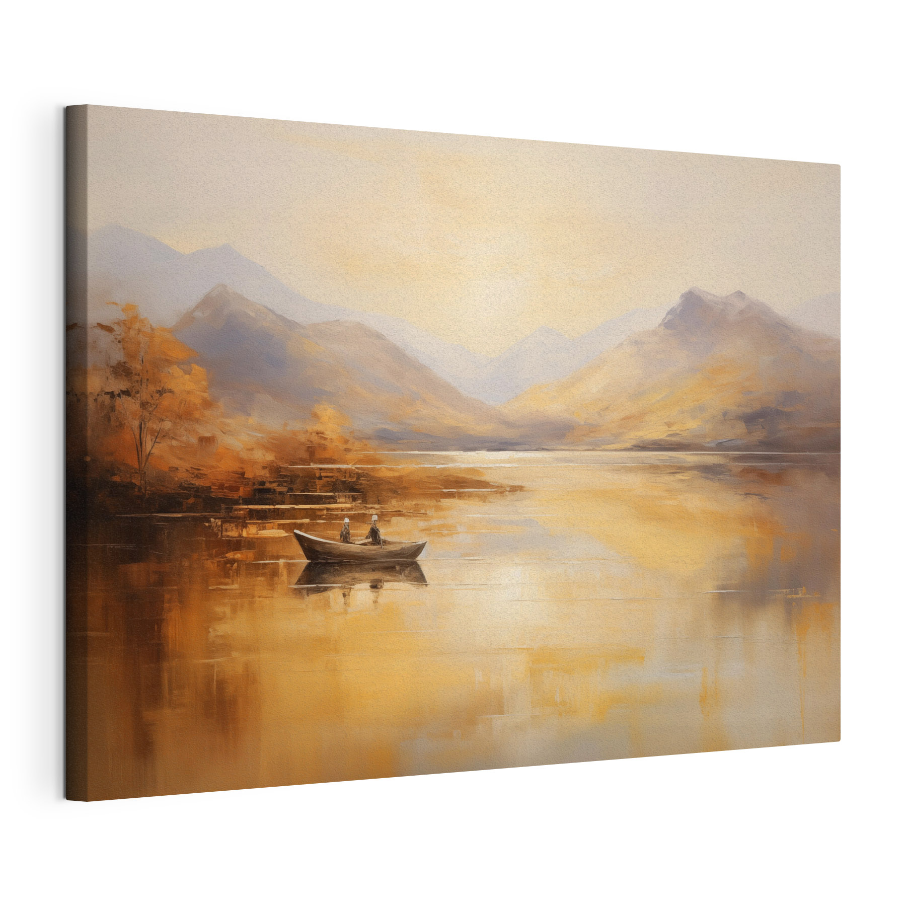 Painting of a boat on a lake with mountains in the background Painting of a boat on a lake with mountains in the background