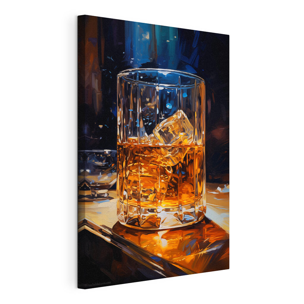 Glass of amber liquid with ice cubes