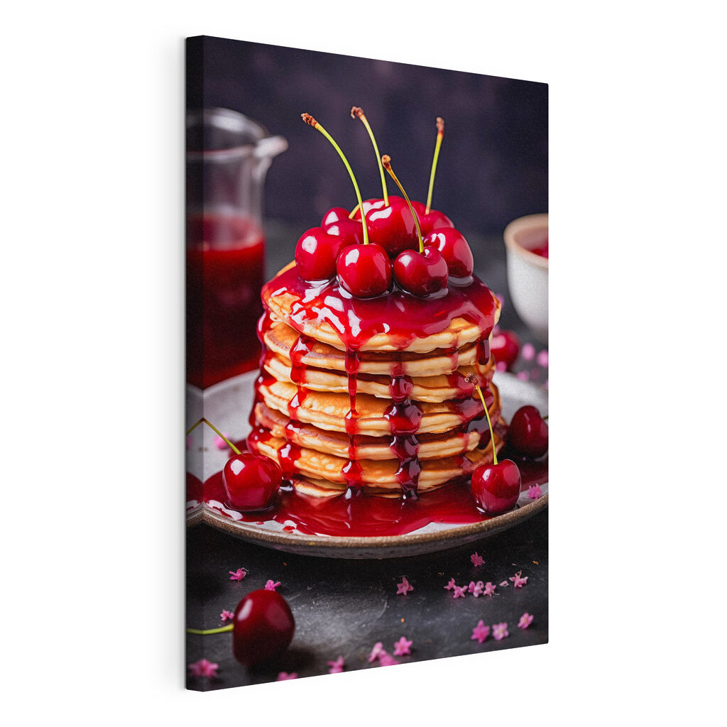 Stack of pancakes with cherry syrup on top