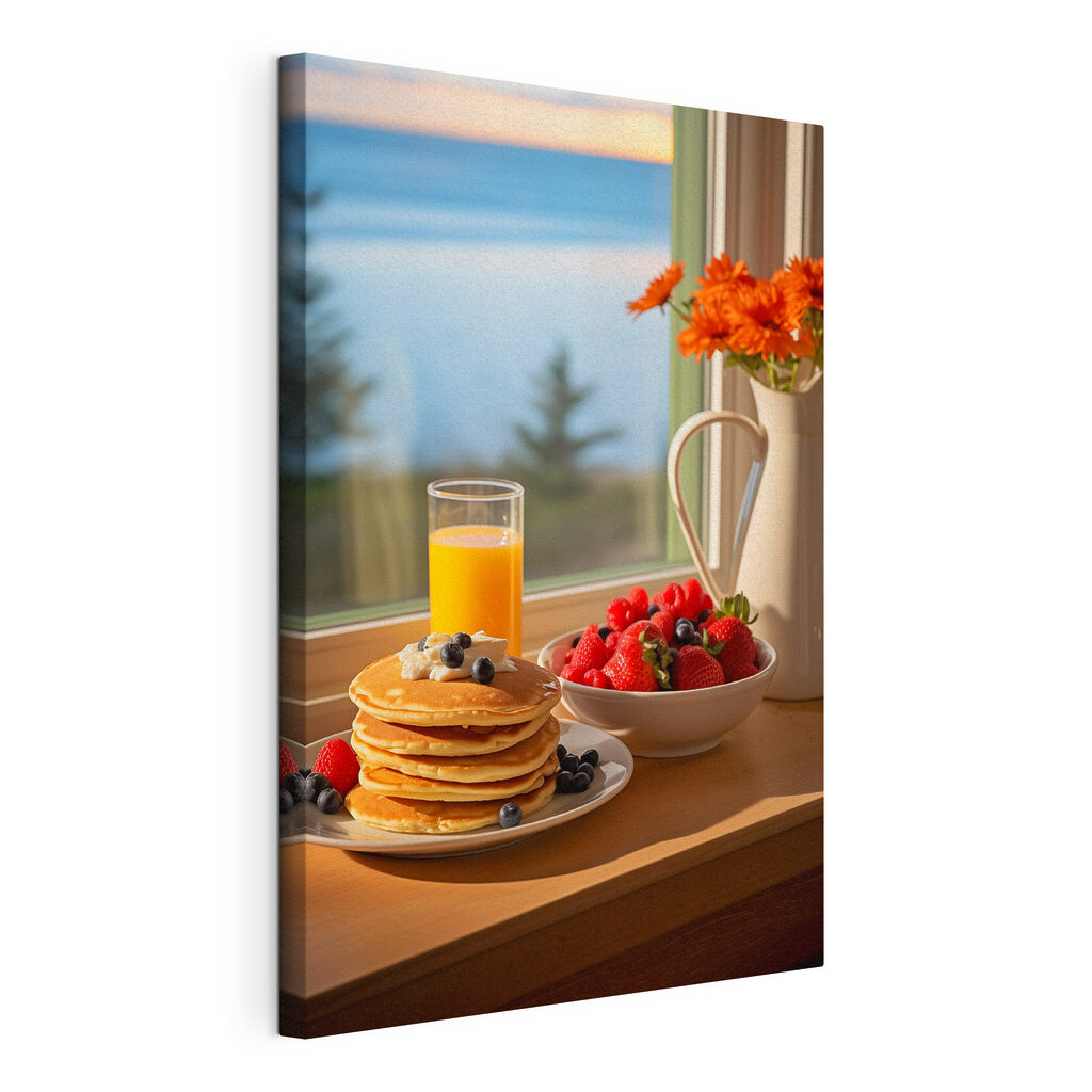 Stack of pancakes with berries and a glass of juice on a table Stack of pancakes with berries and a glass of juice on a table
