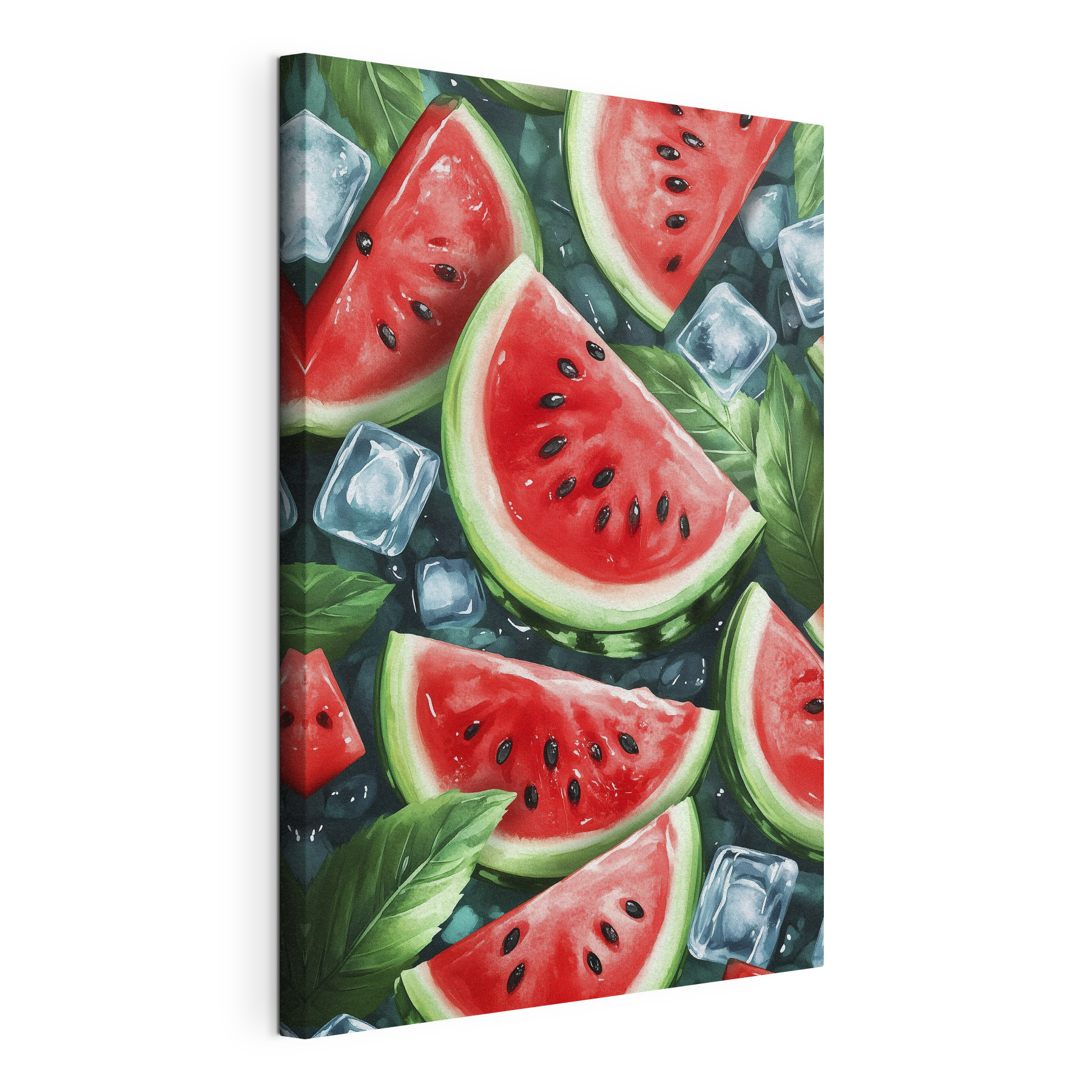 Watermelon slices and ice cubes on a surface Watermelon slices and ice cubes on a surface