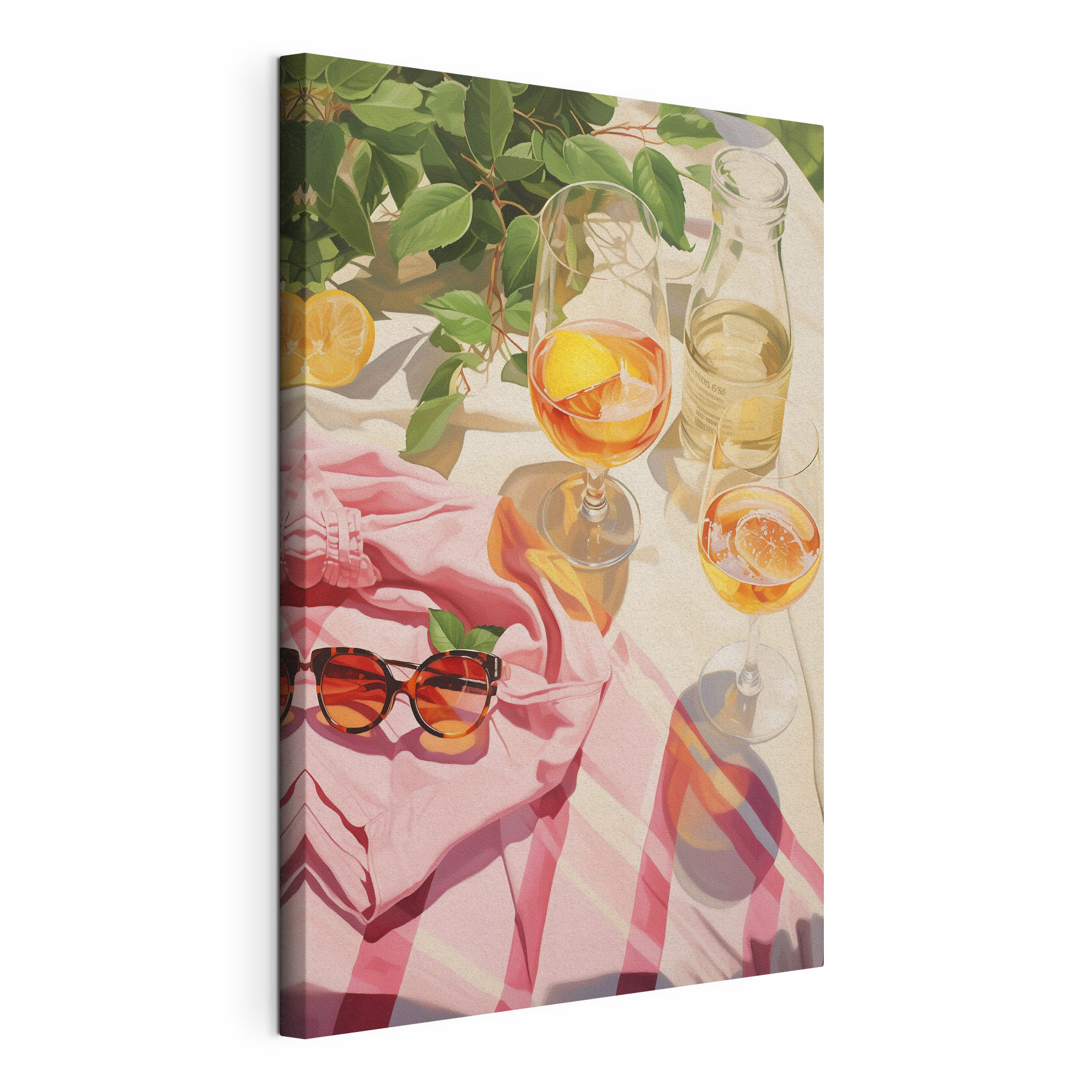 Group of glasses of wine and sunglasses on a blanket