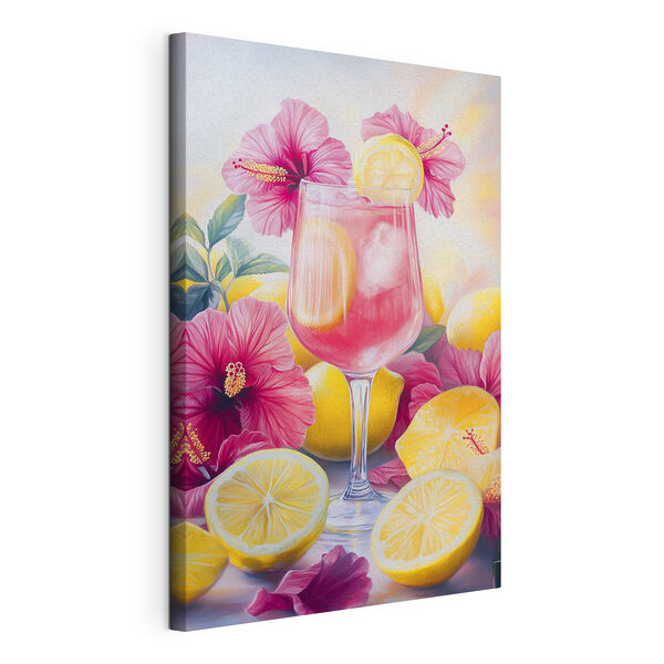 Bicchiere con una bevanda rosa, limoni e fiori Quadri Bicchiere con una bevanda rosa, limoni e fiori