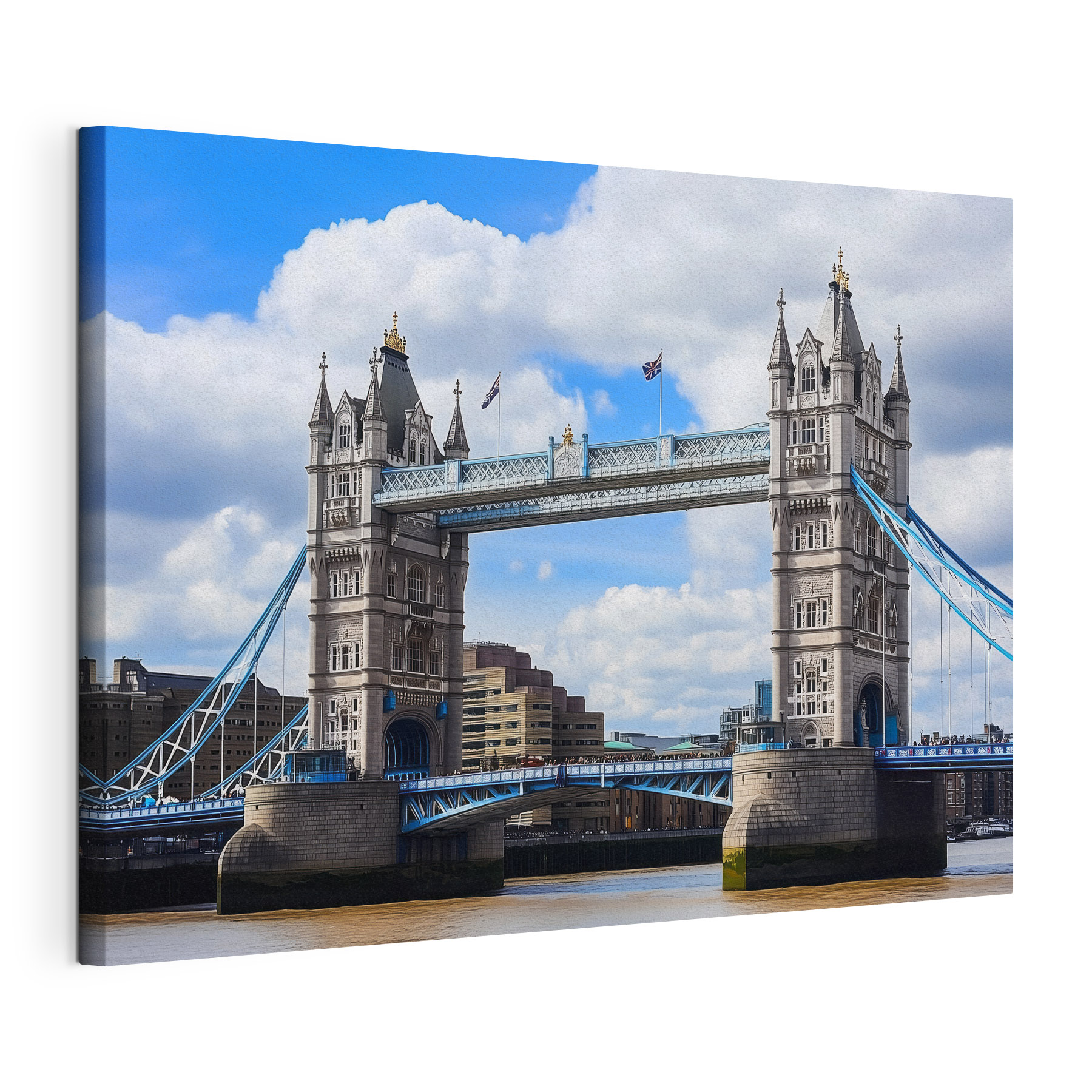 Bridge over water with towers and flags