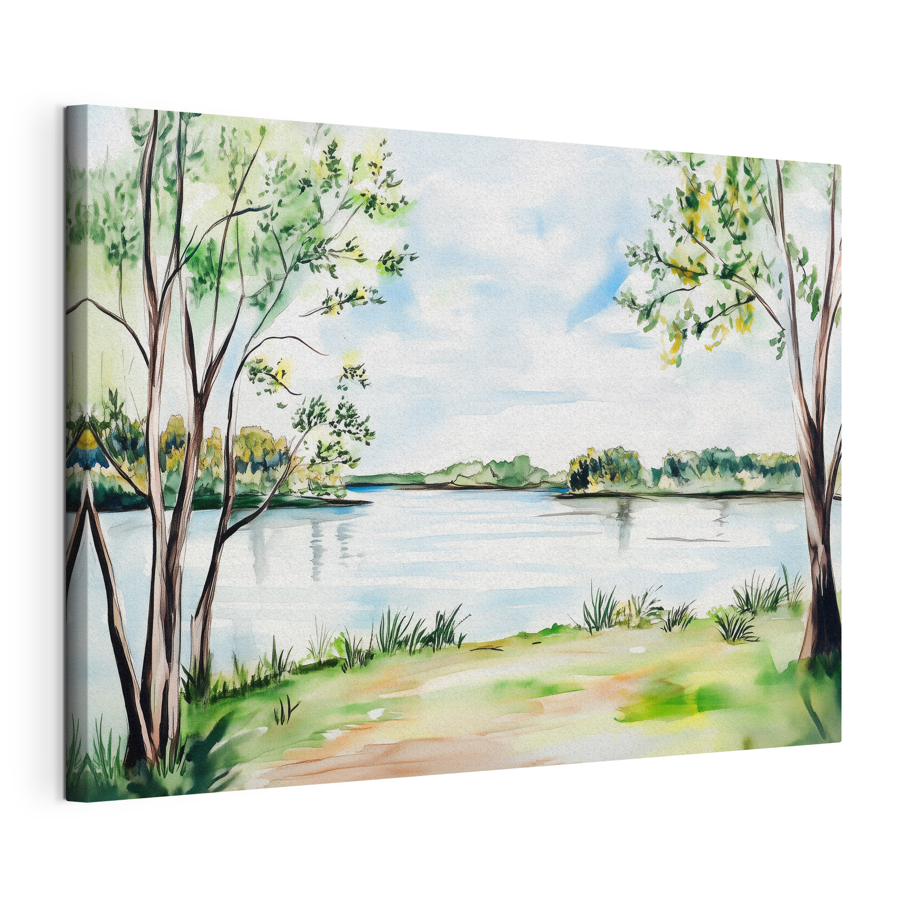 Watercolor of a lake with trees and grass