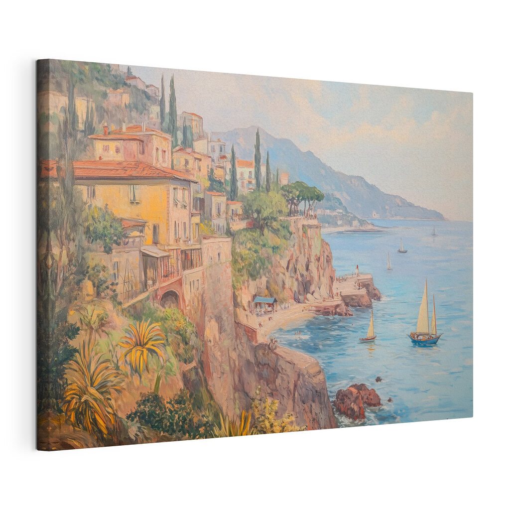 Painting of a town on a cliff by the water Painting of a town on a cliff by the water