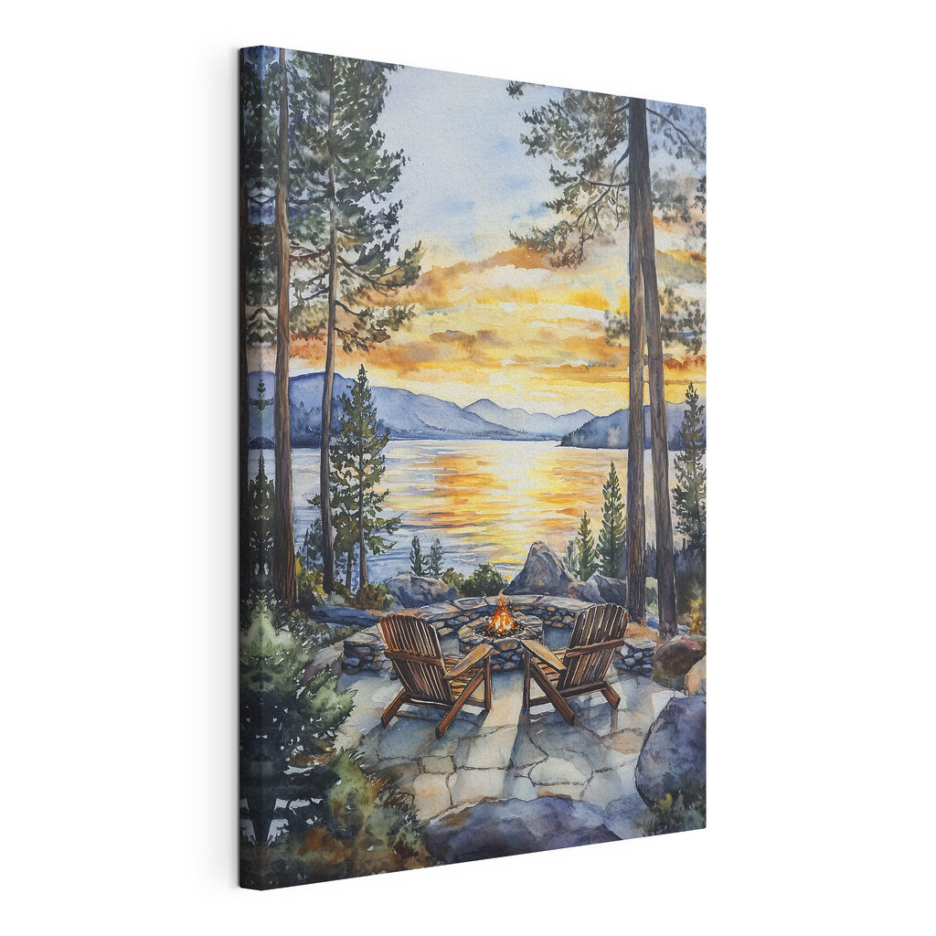 Watercolor painting of chairs around a fire pit overlooking a lake