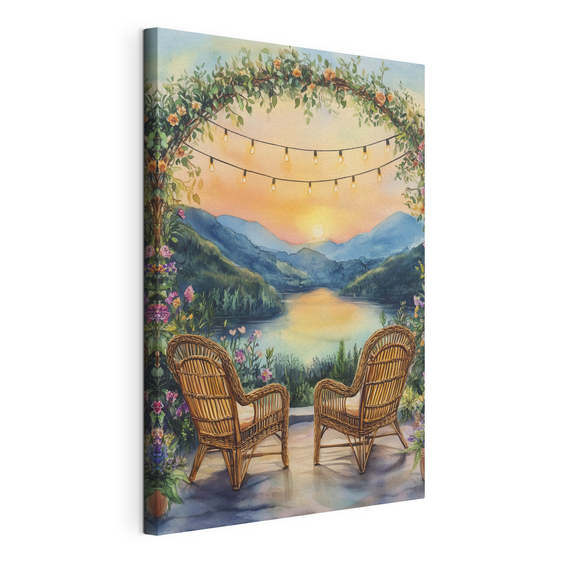 Painting of chairs and a lake