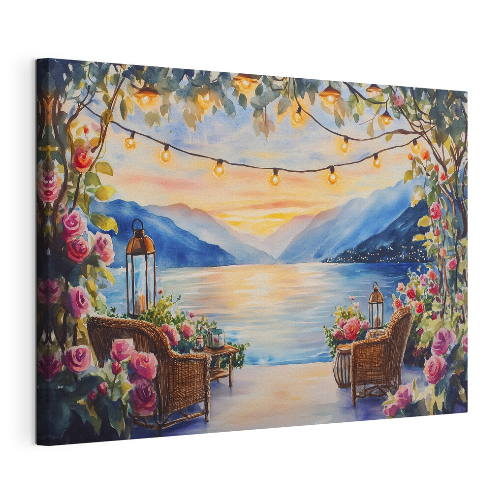 Watercolor painting of a deck with chairs and flowers and lights from a string Watercolor painting of a deck with chairs and flowers and lights from a string