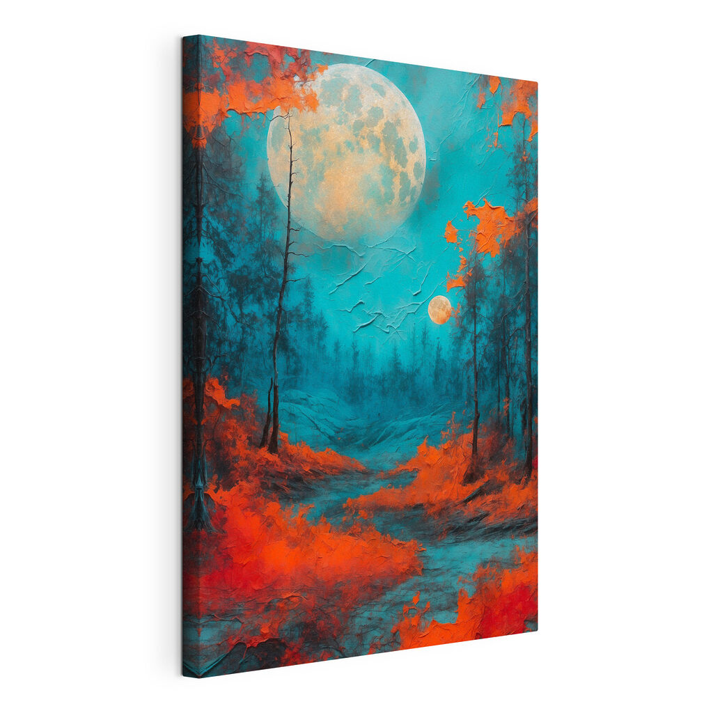 Painting of a forest with orange leaves and a full moon Painting of a forest with orange leaves and a full moon