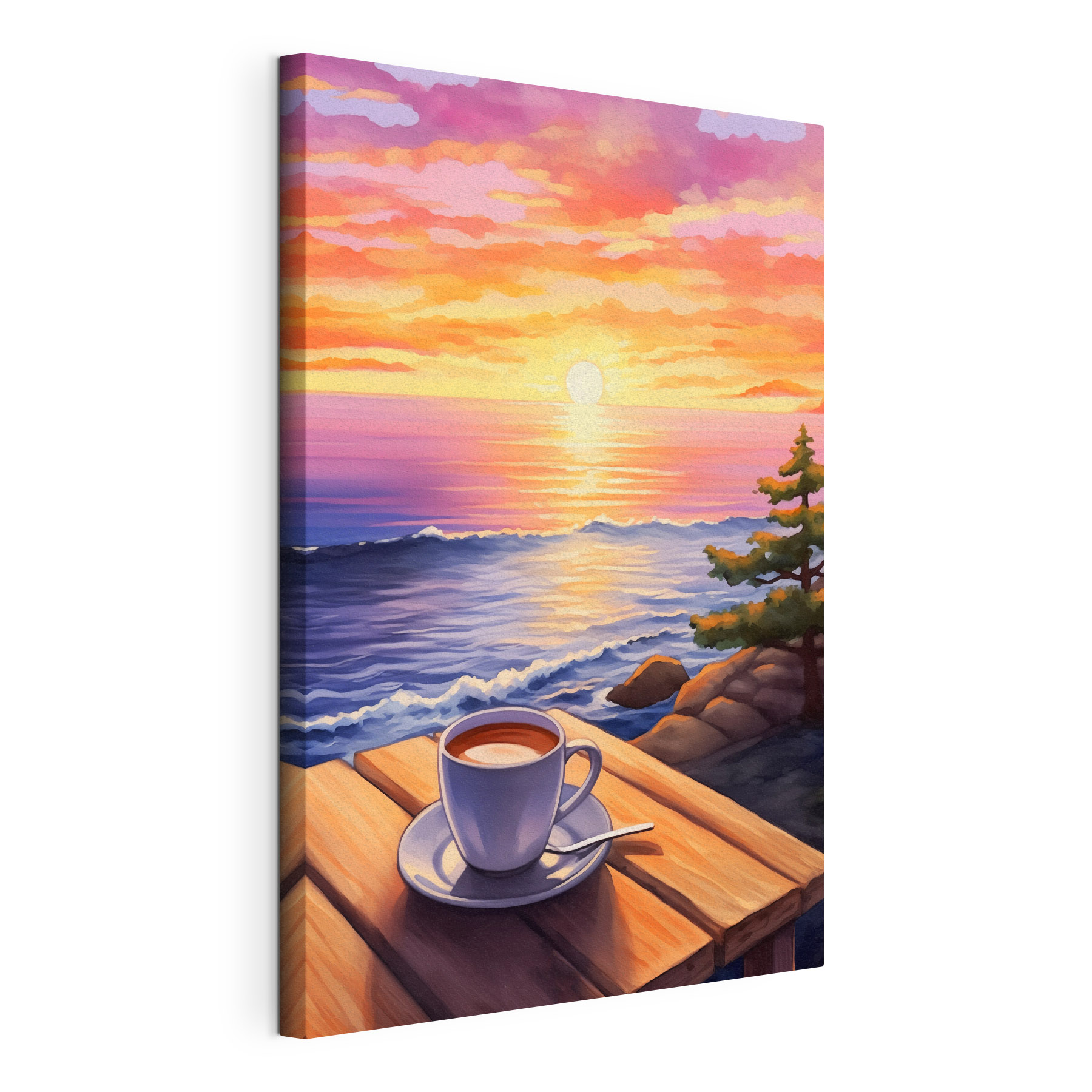Cup of coffee on a table overlooking a body of water Cup of coffee on a table overlooking a body of water