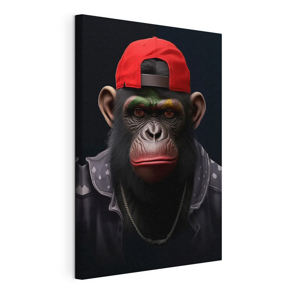 Chimpanzee wearing a red hat and jacket Chimpanzee wearing a red hat and jacket