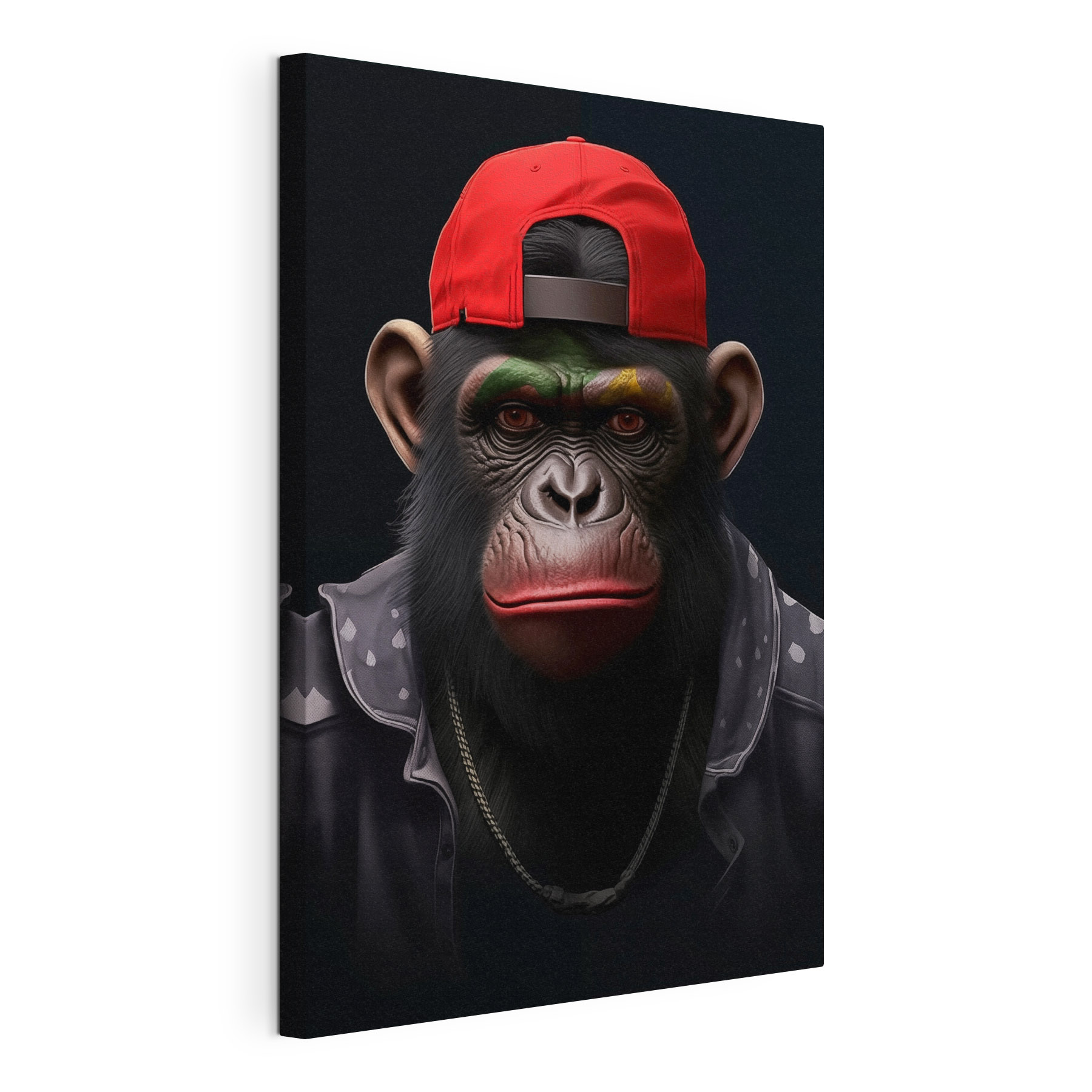 Chimpanzee wearing a red hat and jacket Chimpanzee wearing a red hat and jacket