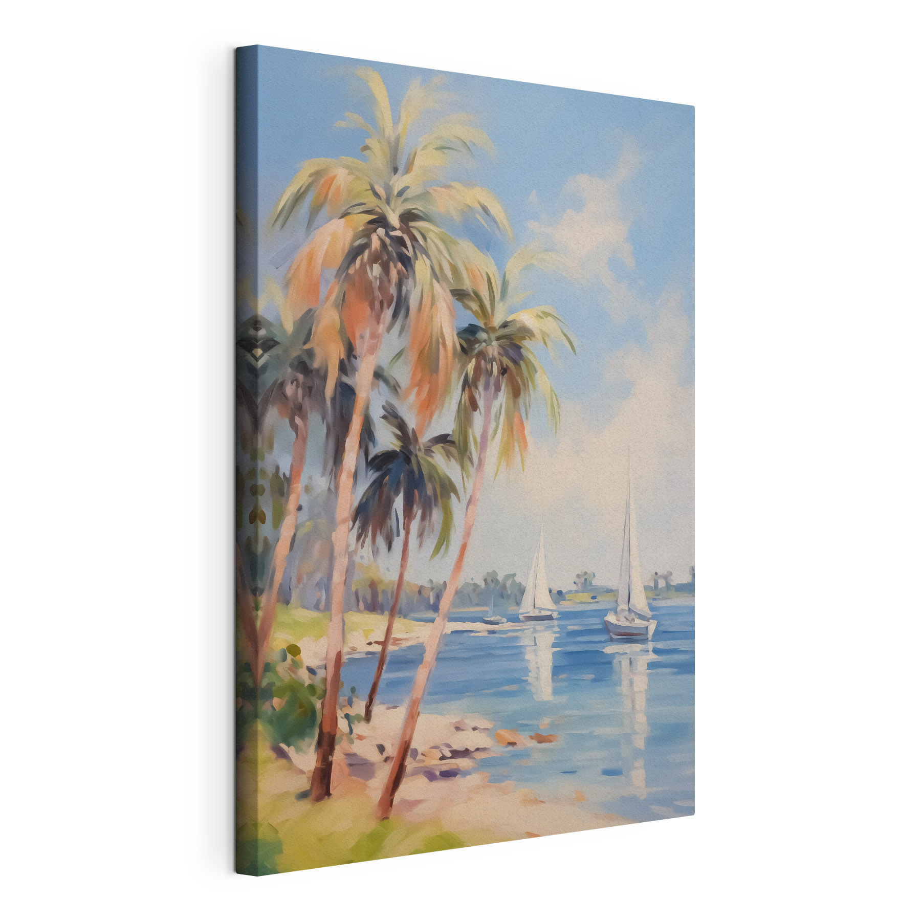Painting of a beach with palm trees and boats