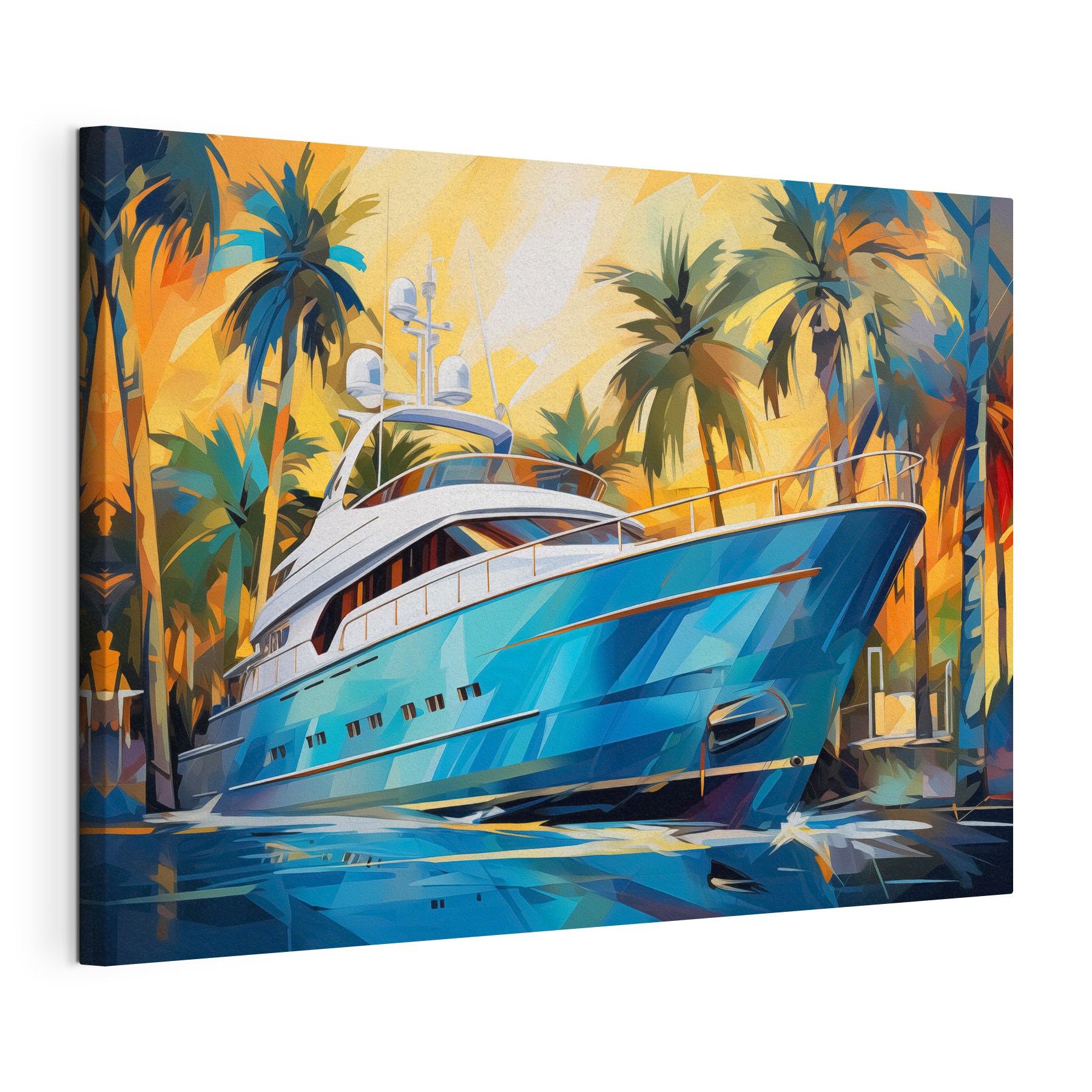 Blue boat in water with palm trees Blue boat in water with palm trees