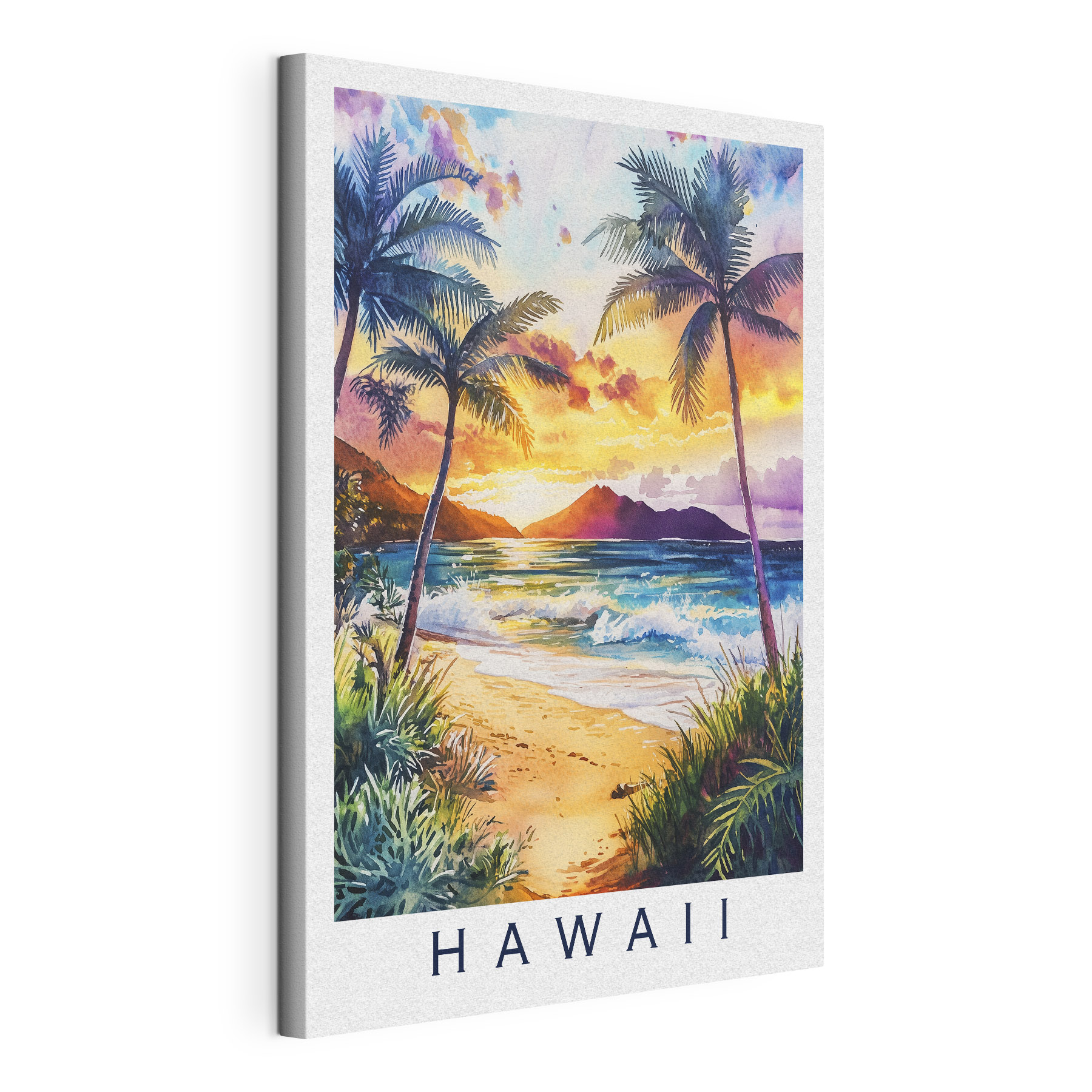 Watercolor painting of a beach with palm trees and waves Watercolor painting of a beach with palm trees and waves