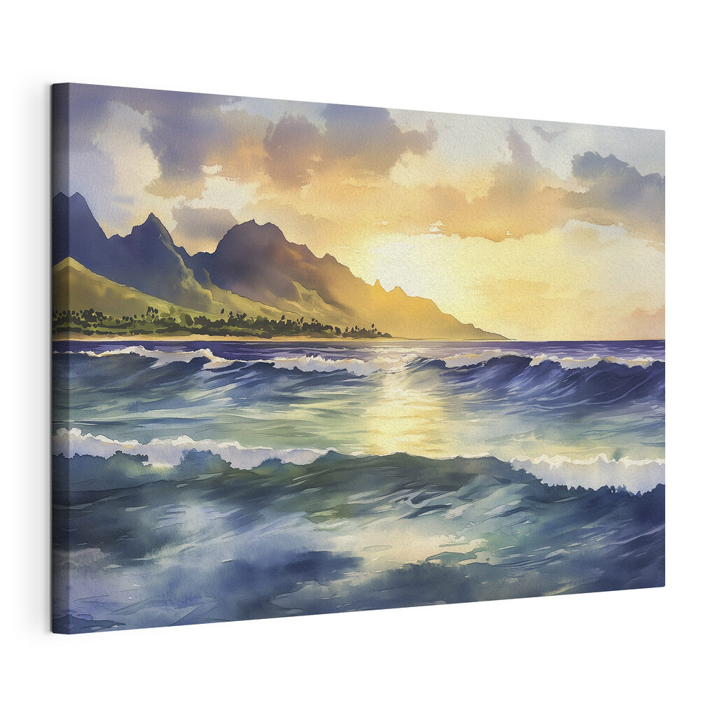 Watercolor of waves and mountains in the background Watercolor of waves and mountains in the background
