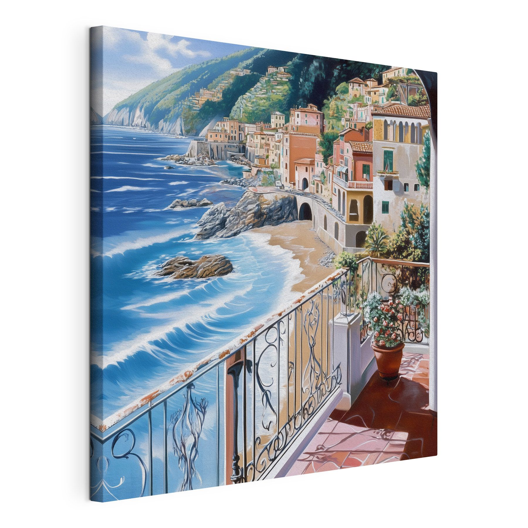 Balcony overlooking a beach and a town Balcony overlooking a beach and a town