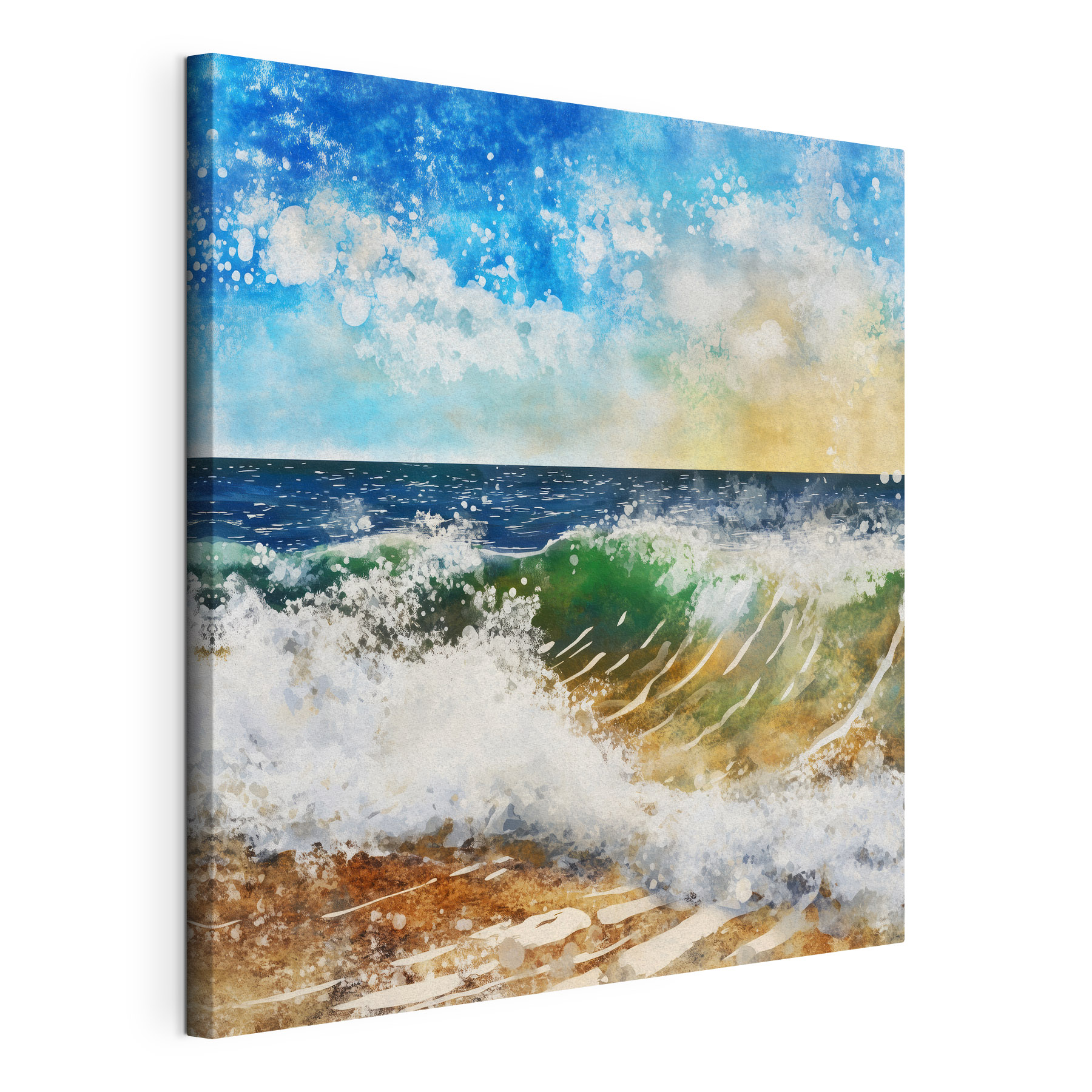 Watercolor of waves crashing on a beach