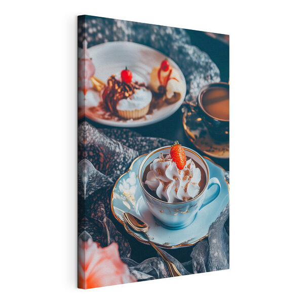 Quadri Tazza di caffè con panna montata e fragole