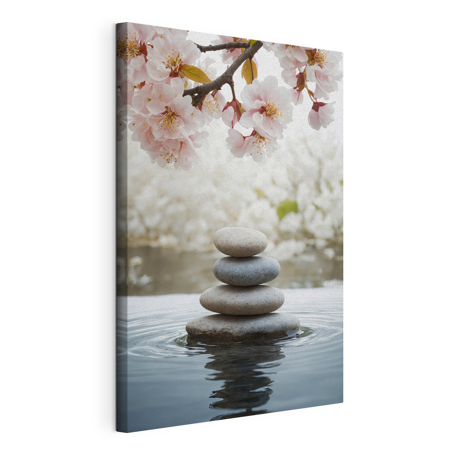 Stack of rocks in water with flowers in the background Stack of rocks in water with flowers in the background