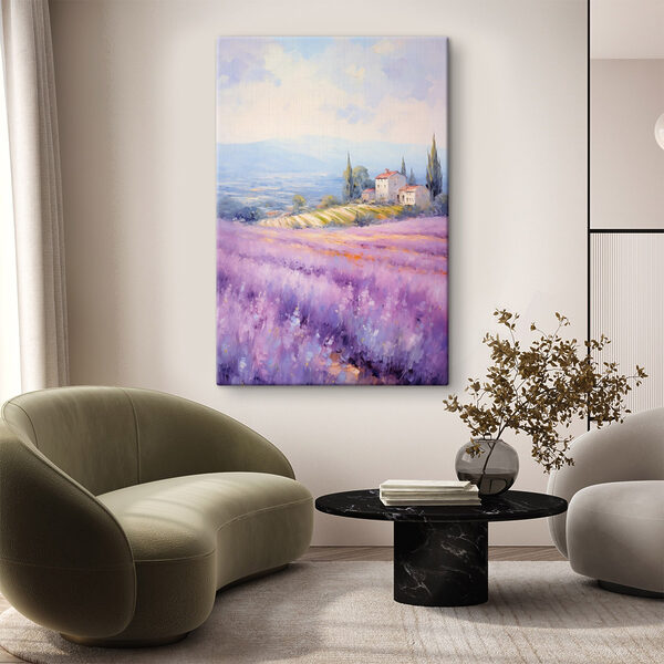 Painting of a house in a lavender field
