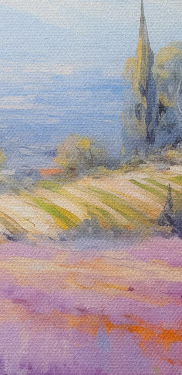 Painting of a house in a lavender field