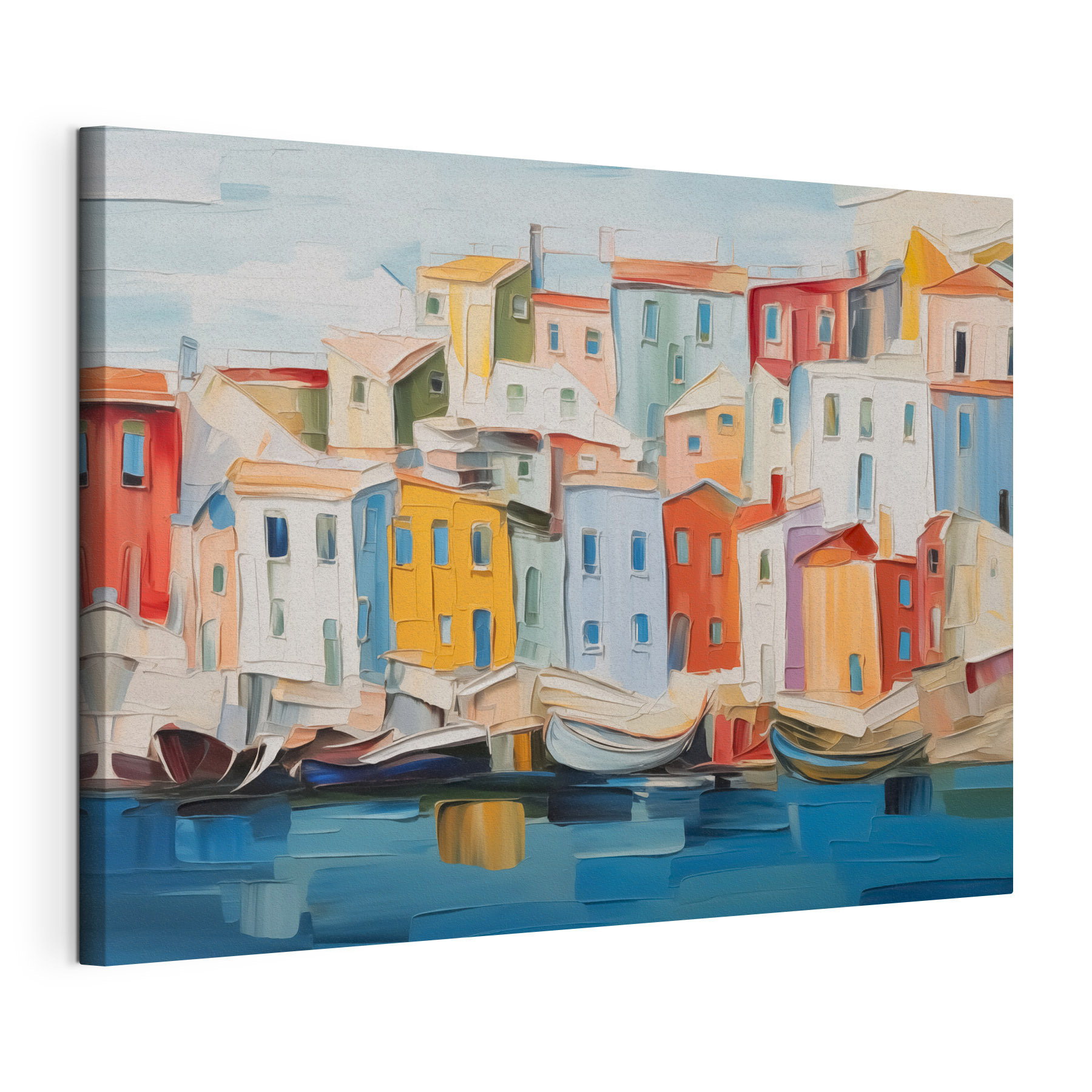 Painting of a city with boats on the water Painting of a city with boats on the water