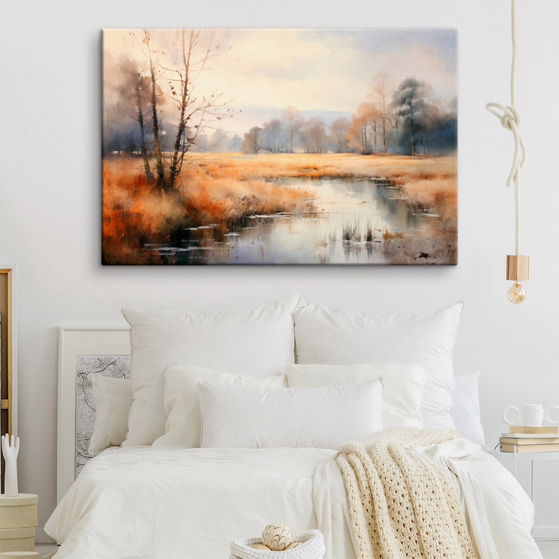 Watercolor painting of a marsh with trees and grass