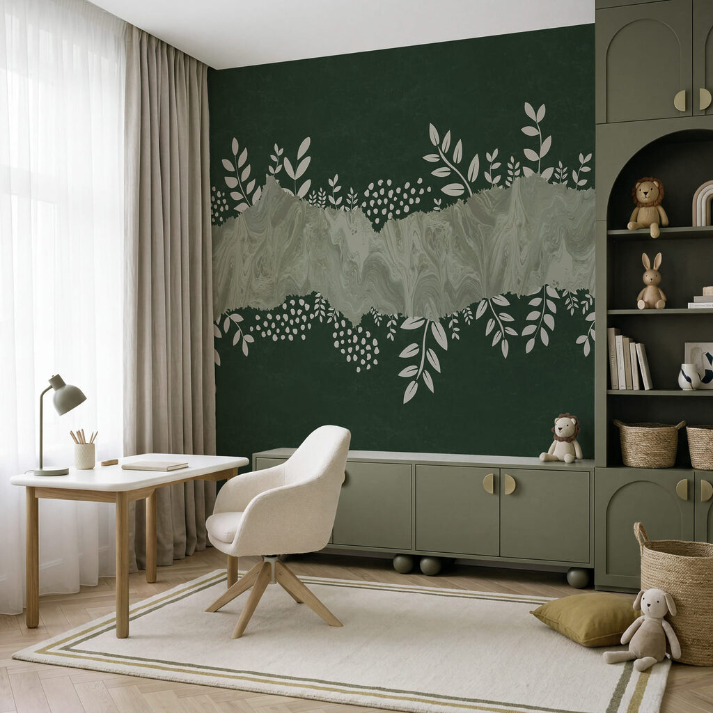 Sfondo verde e bianco con foglie e fiori bianchi