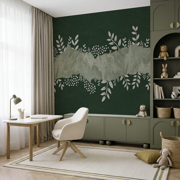 Sfondo verde e bianco con foglie e fiori bianchi
