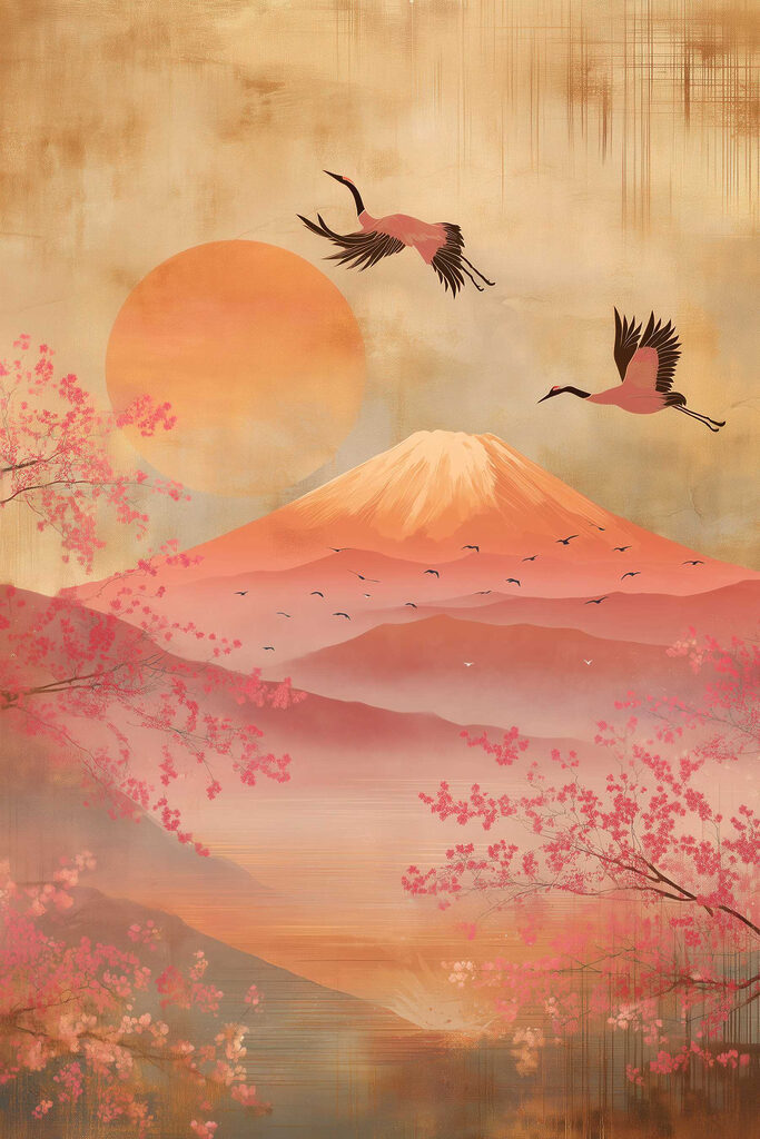 Painting of a mountain with a bird flying over it