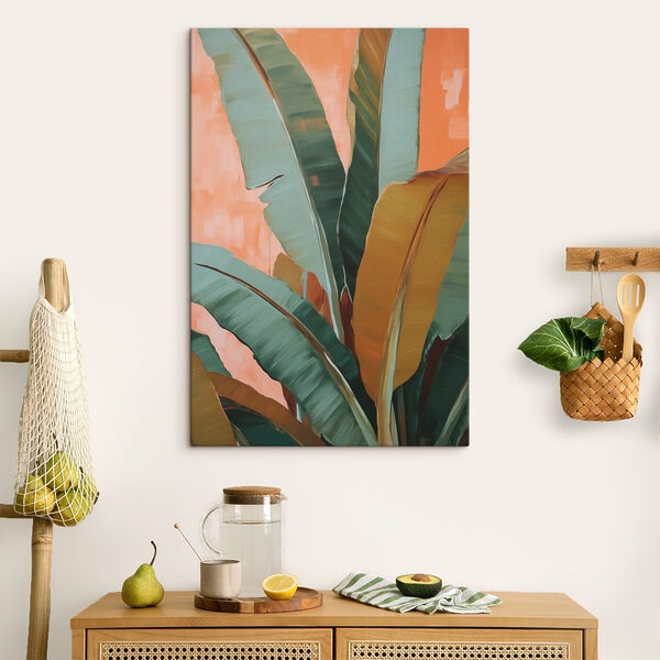 Quadri Quadri Foglie tropicali dai colori vivaci su uno sfondo color pesca (COD: s49598)