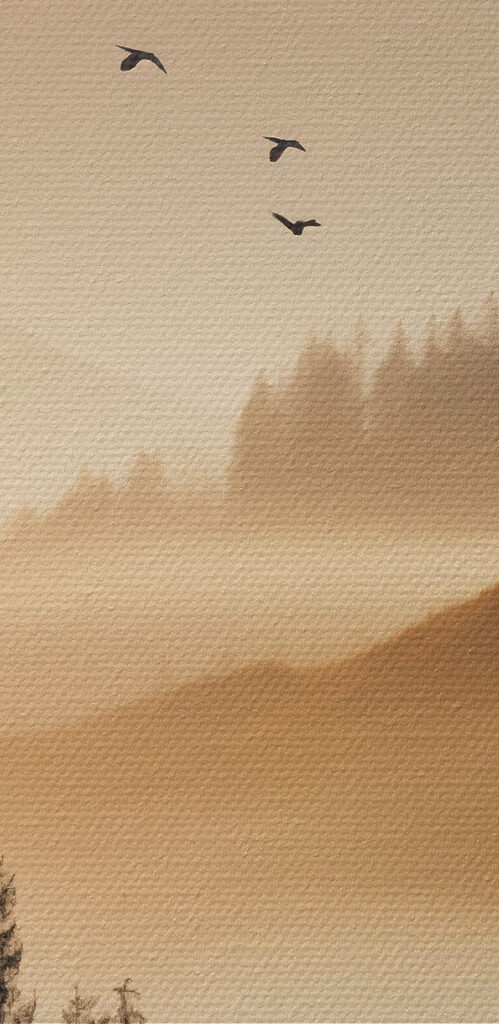 Birds flying over a valley with mountains and trees