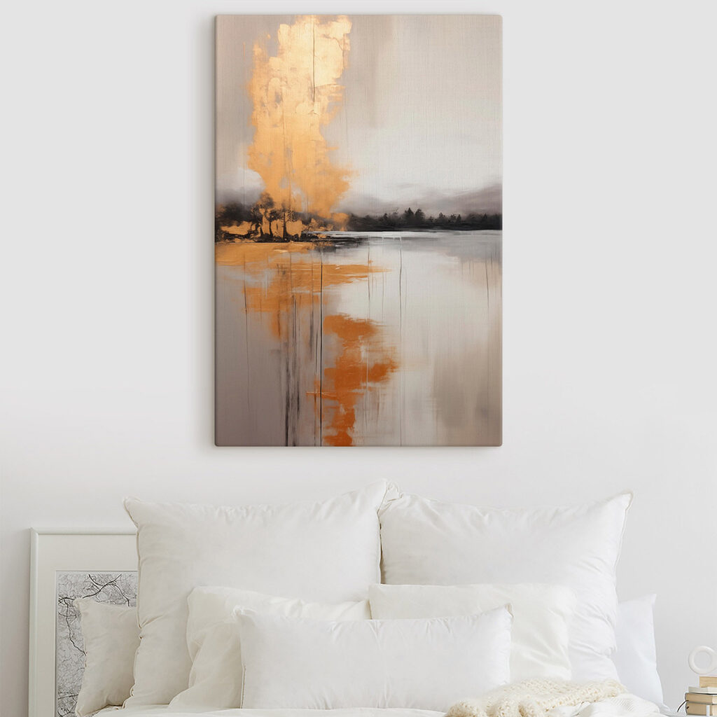 Painting of a lake with trees and fog Painting of a lake with trees and fog