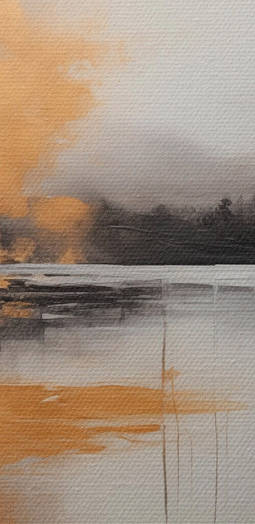 Painting of a lake with trees and fog Painting of a lake with trees and fog