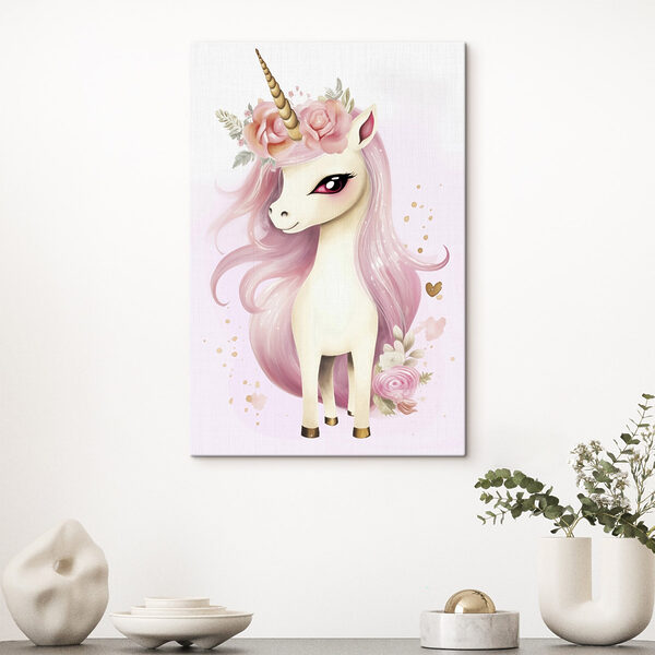 Quadri Unicorno con i capelli rosa e dei fiori