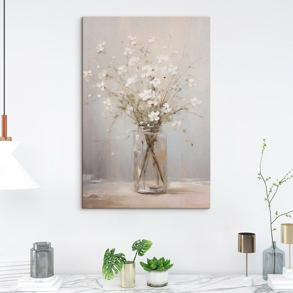 Painting of a vase with white flowers