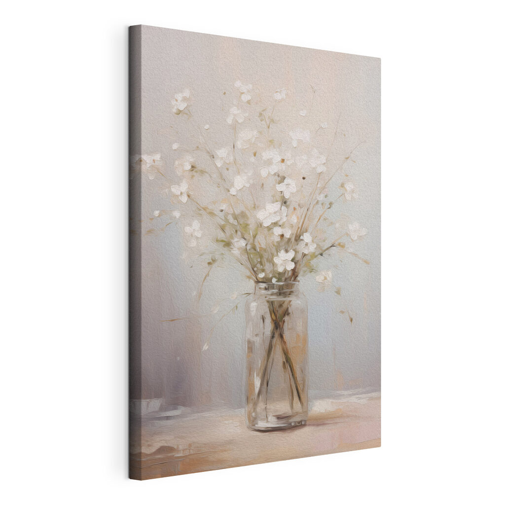 Painting of a vase with white flowers