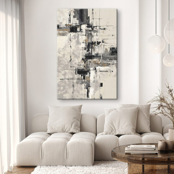 Painting of a white wall with black and white squares