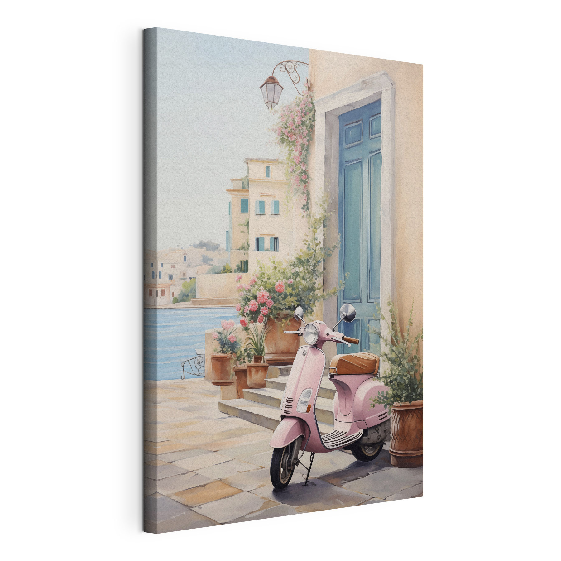 Pink scooter parked on a stone sidewalk next to a door