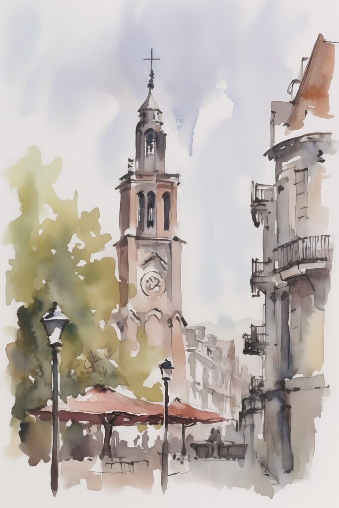 Watercolor of a building with a clock tower Watercolor of a building with a clock tower