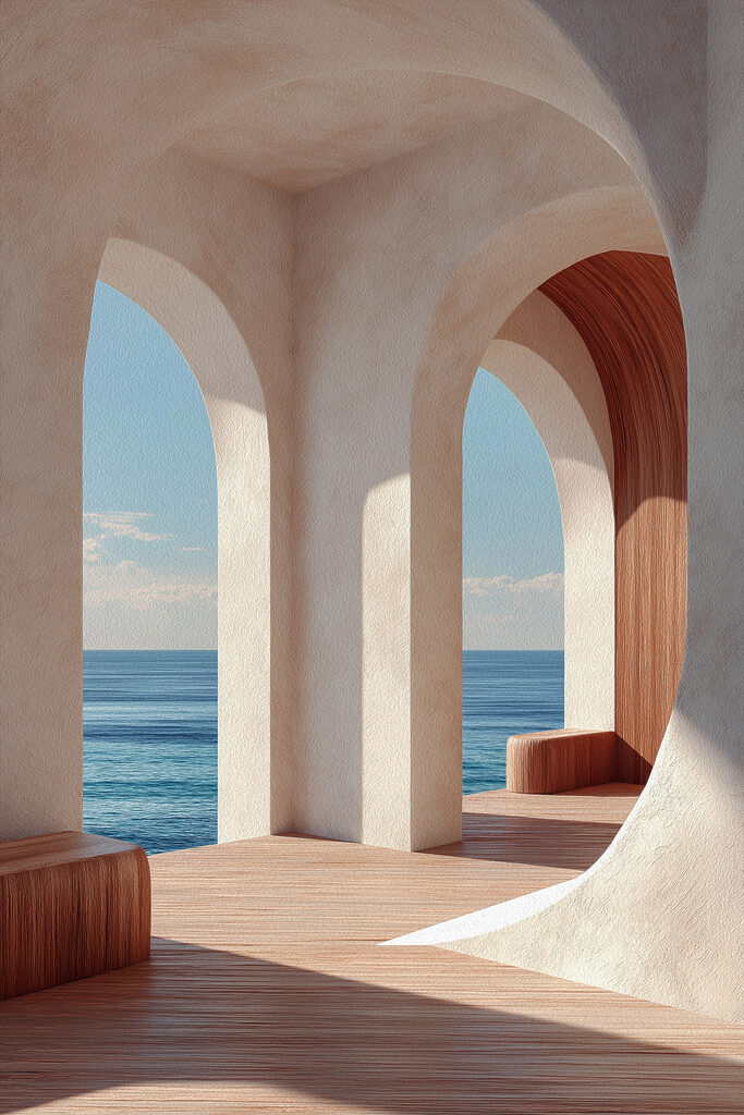 White building with arched windows and wood floors