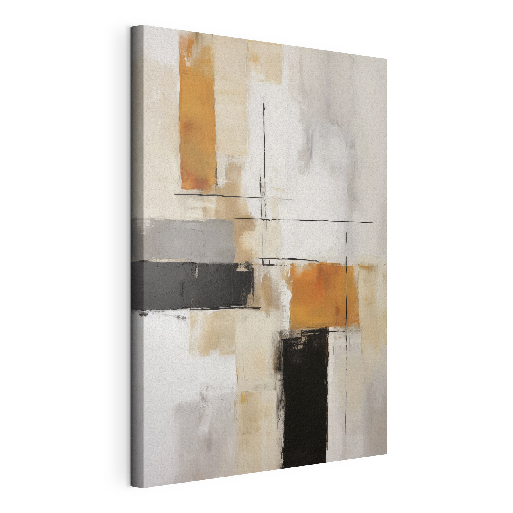 Painting of a white wall with black and brown squares